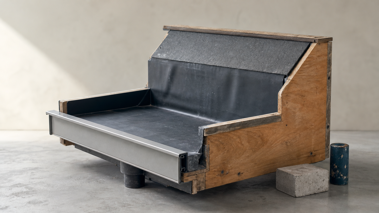 Cutaway of a box gutter with a membrane lining the pan and running up the roof behind it.
