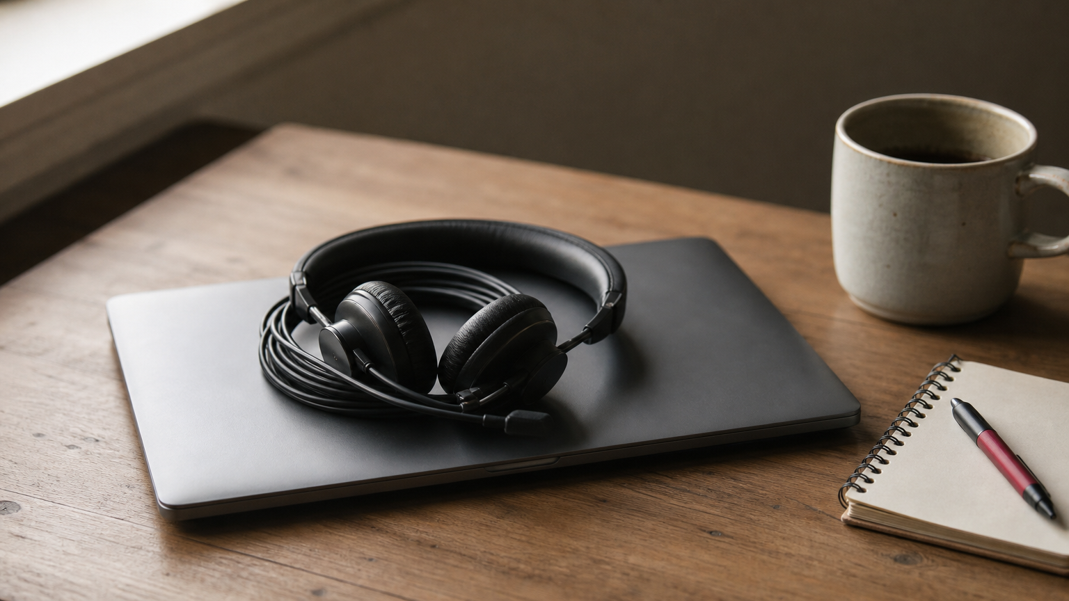A headset resting on a closed laptop on a desk beside a mug and a notepad.