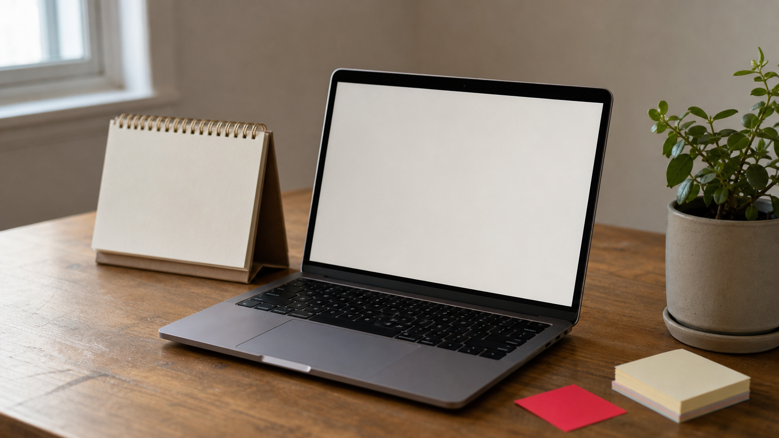 An open laptop beside a paper calendar, sticky notes, and a small plant on a desk.