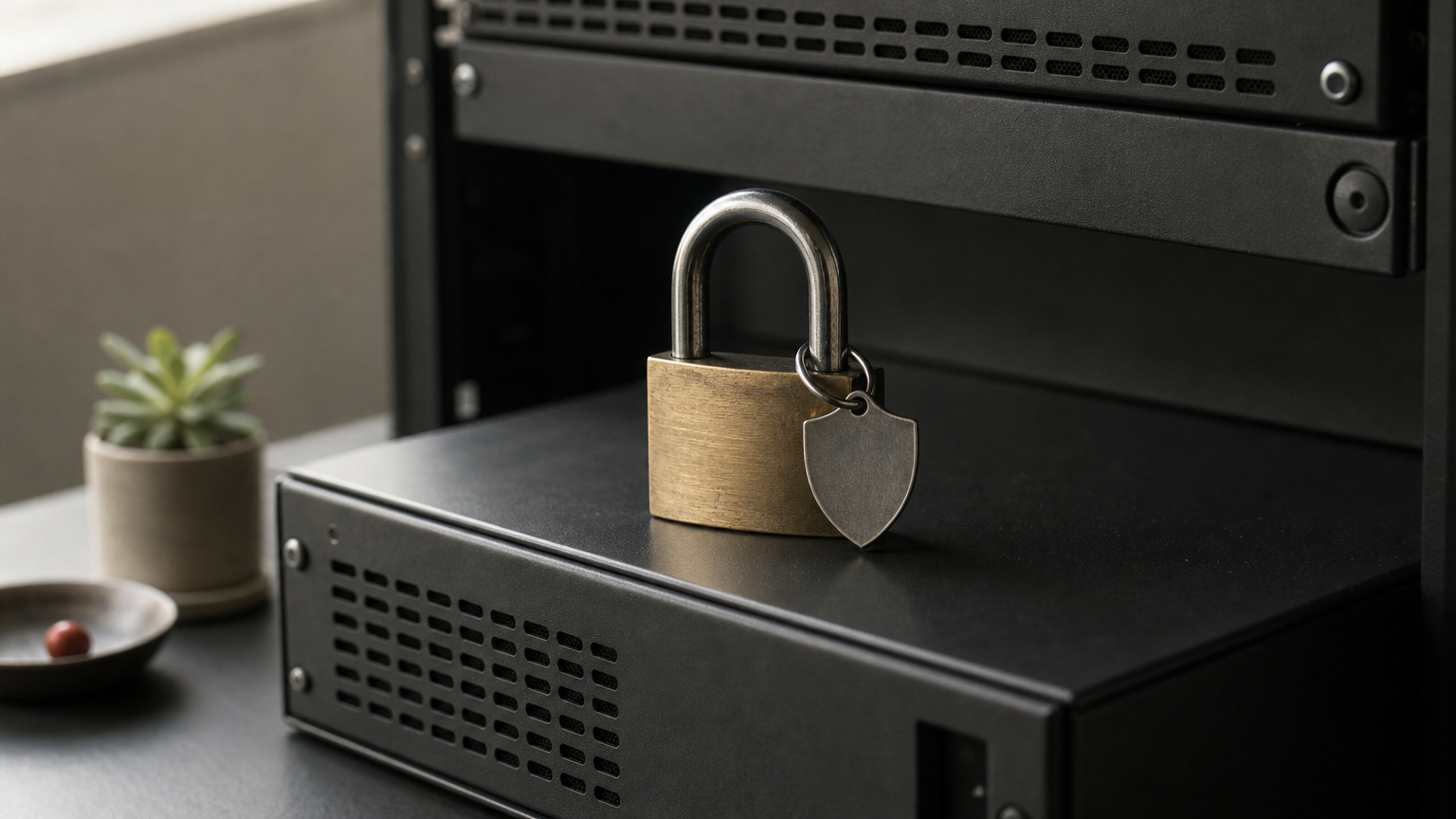 A padlock rests on a server rack beside a shield tag, suggesting protection for hosted data.