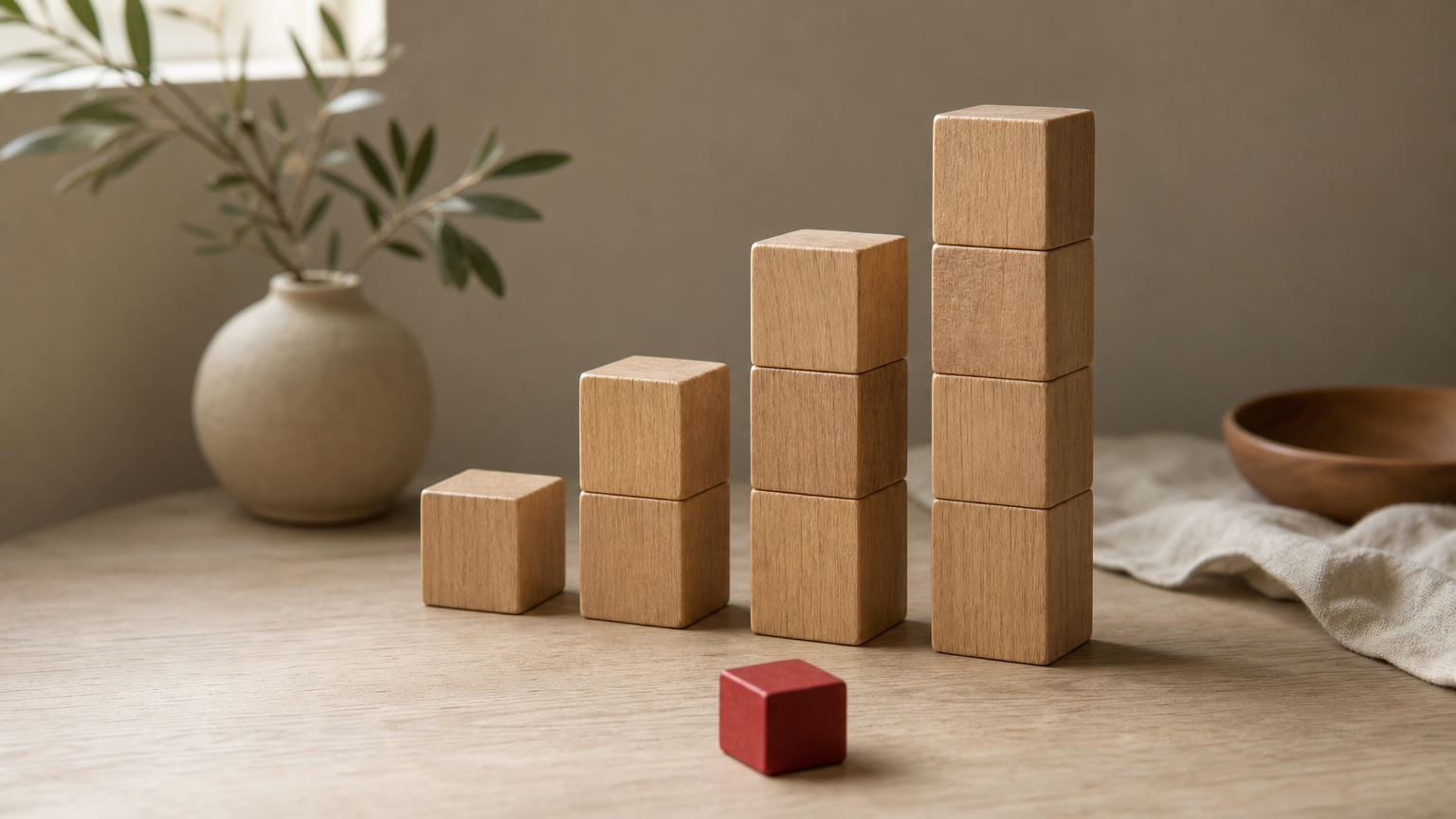 Four stacked blocks increase in height from left to right, with one spare block placed in front.