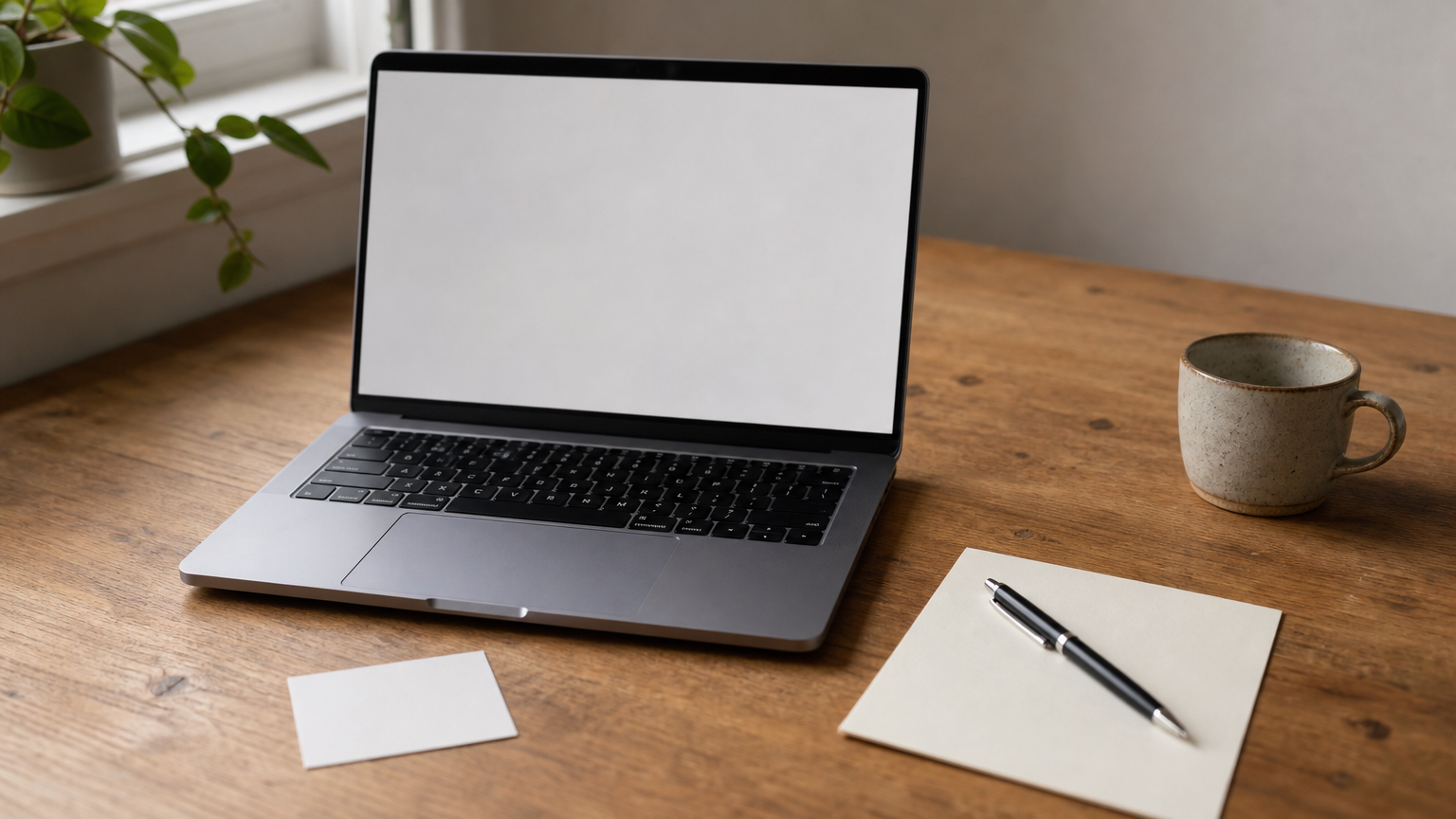 A laptop sits on a desk next to a business card and a handwritten note with a pen across it.