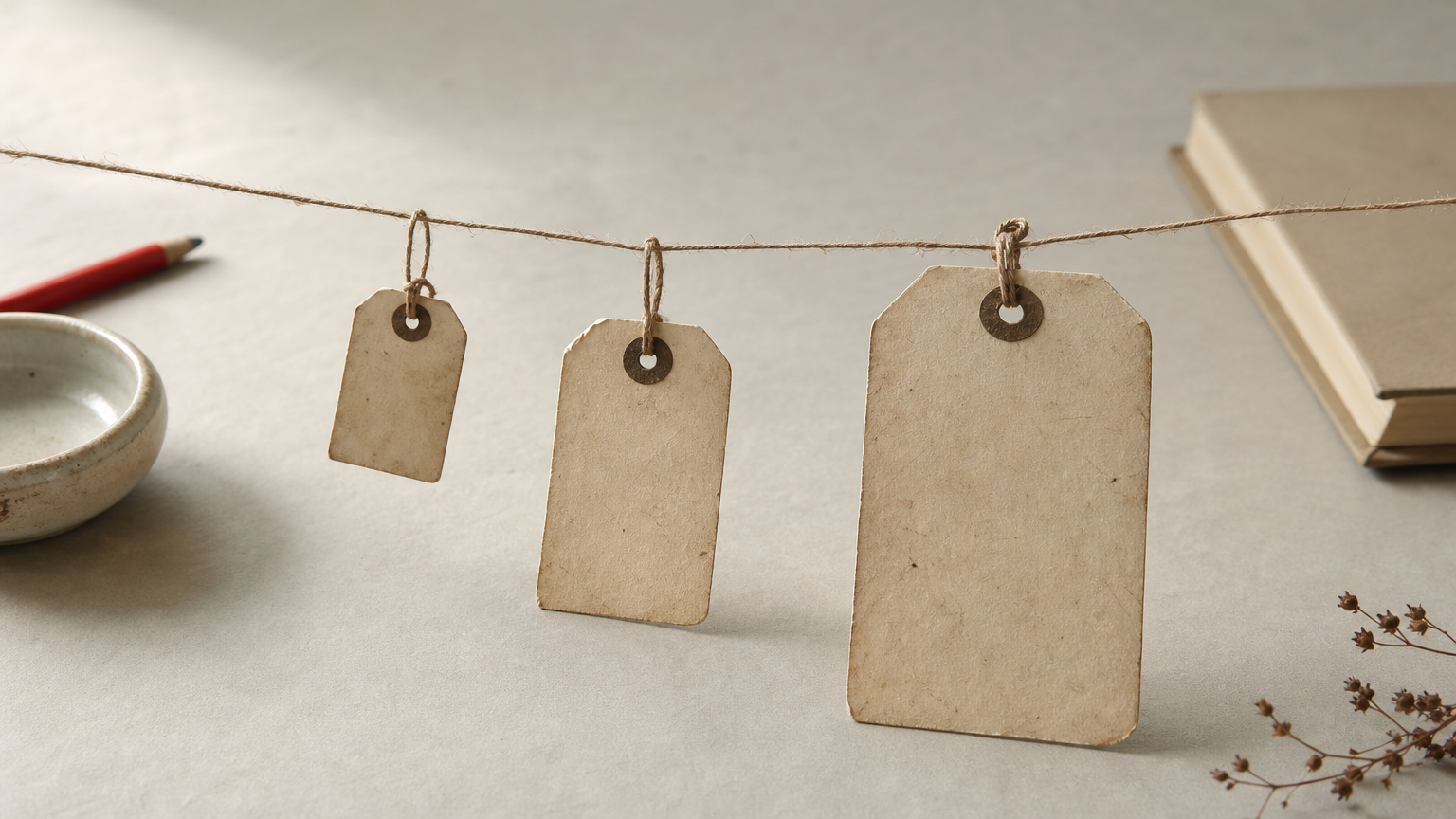 Three paper tags of increasing size hang from a string, from smallest on the left to largest on the right.