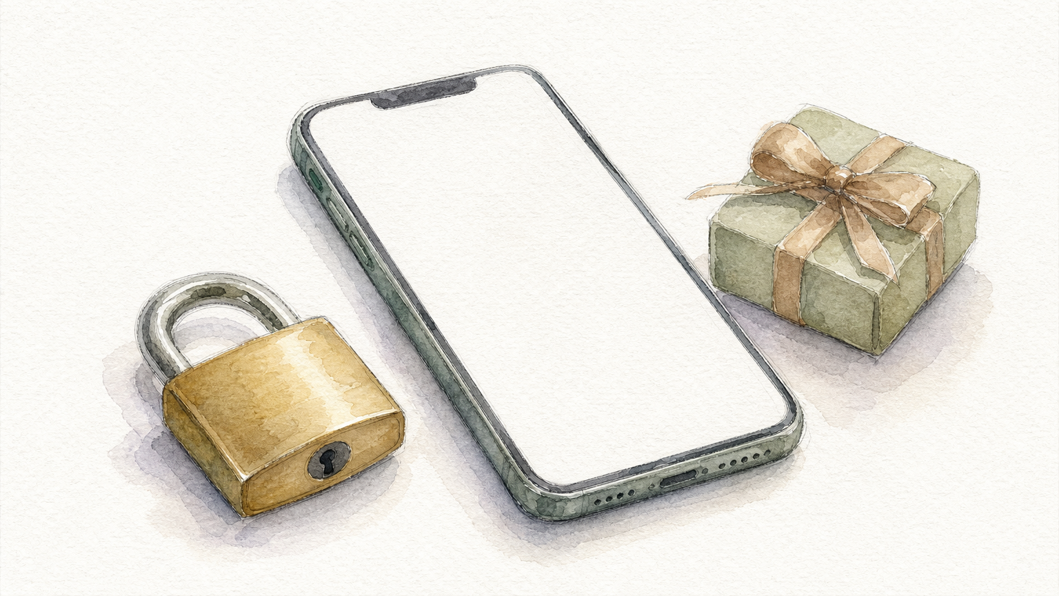 A closed padlock and a wrapped gift box sit beside a smartphone on a table.