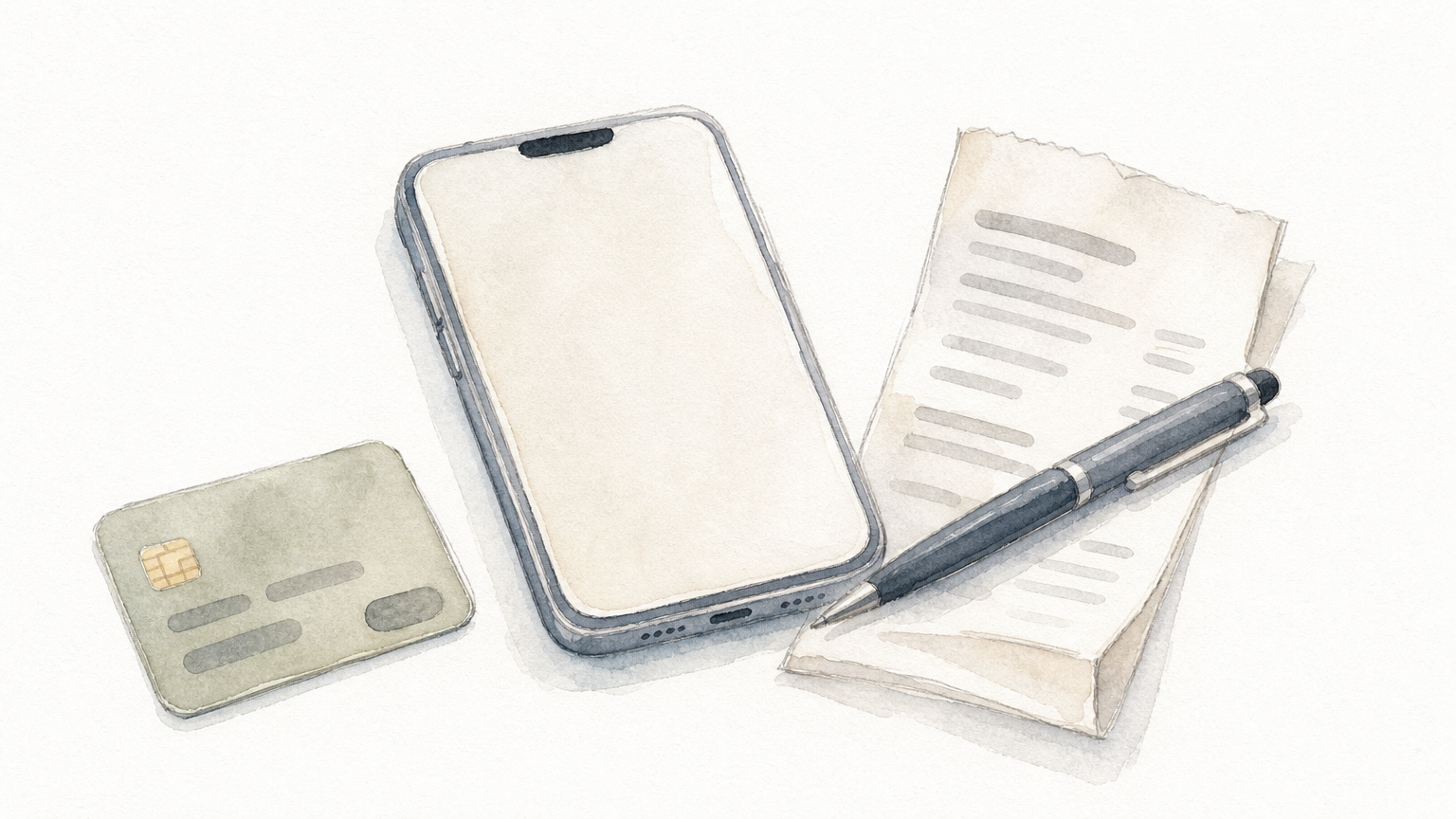 A smartphone lies beside a folded receipt, a payment card, and a pen on a table.