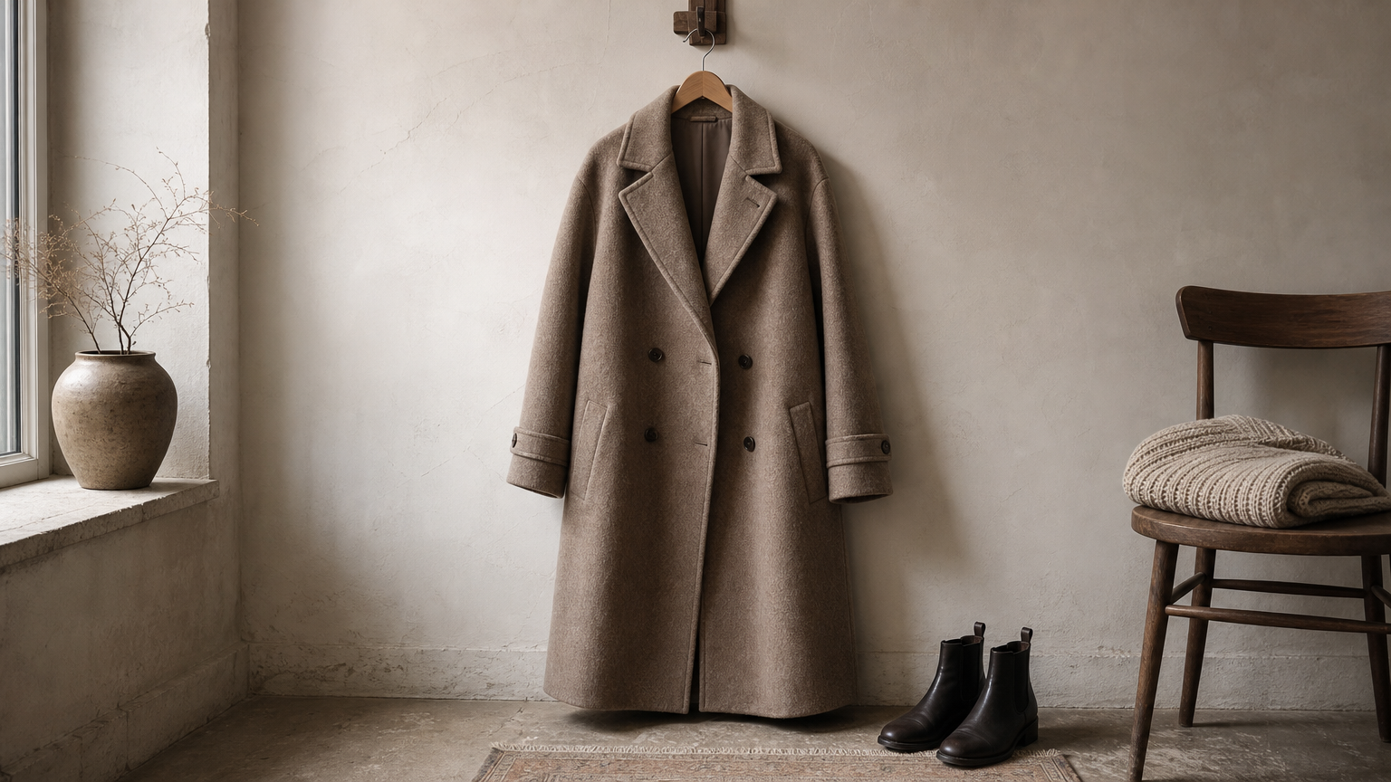 A long wool coat on a wooden hanger beside a folded knit sweater and a pair of ankle boots.