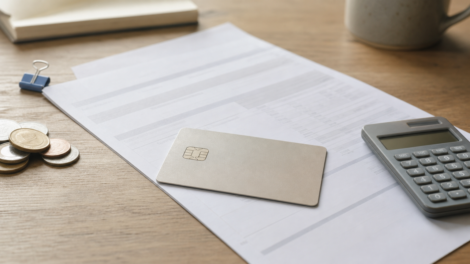 A credit card rests on a monthly statement beside a pile of coins and a calculator.