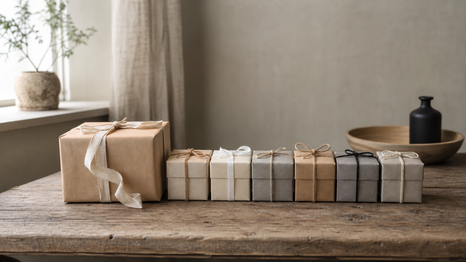 Seven gift boxes sit in a row, with one larger box at the start for the first day's bonus.