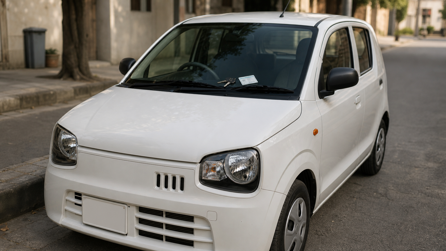 A white Suzuki Alto parked at a curb, with car keys and an ID card on the dashboard.