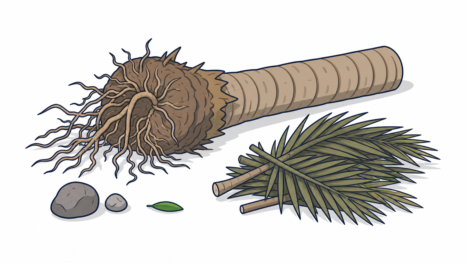 A palm trunk lies beside a fibrous root ball and a pile of spiky fronds.