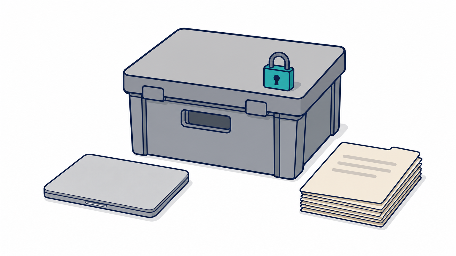 A sealed crate holds a laptop, claim folders, and a padlock, showing software and billing bundled together.