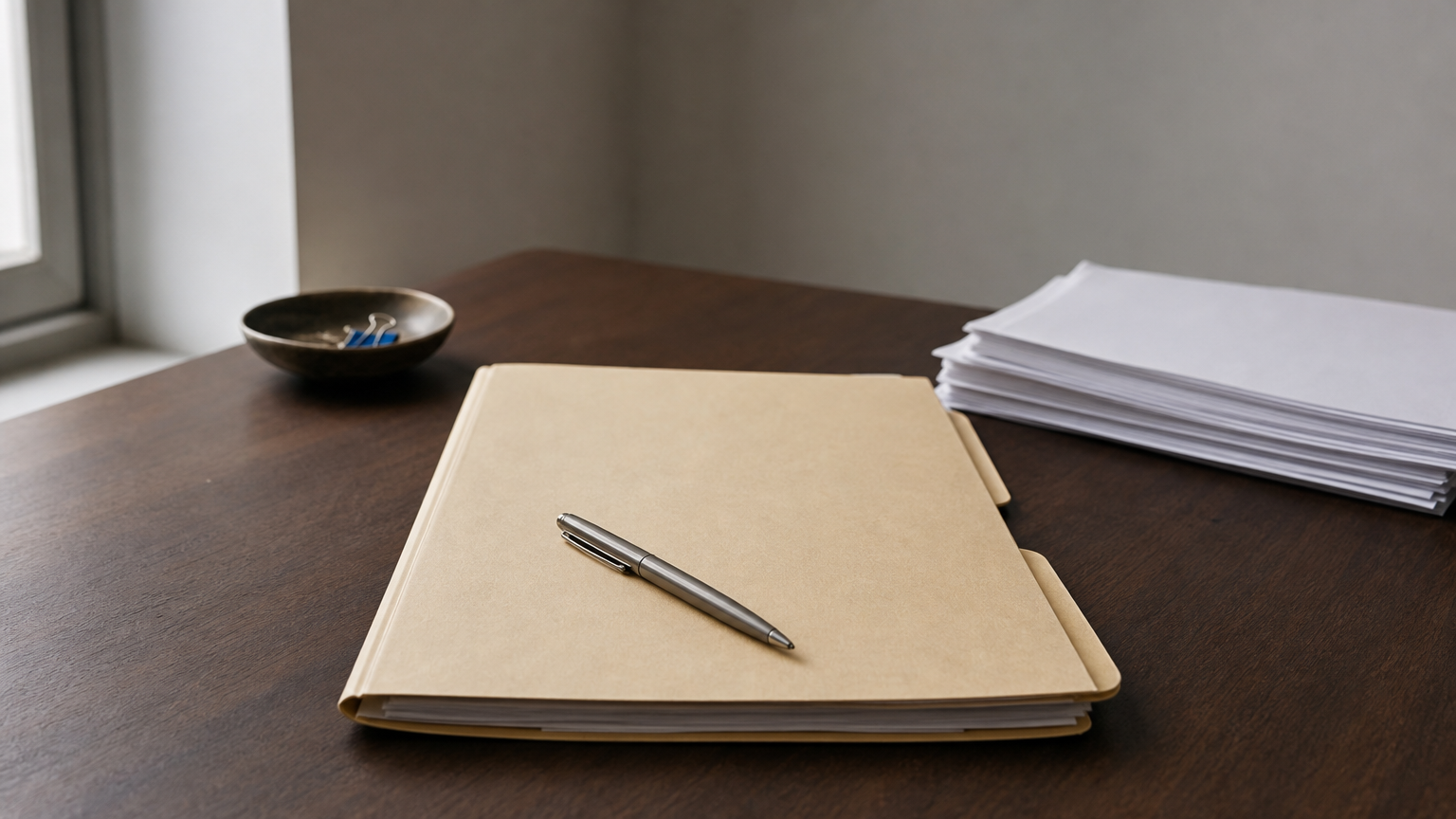 A closed folder of legal papers sits on a desk with a pen and a stack of forms.