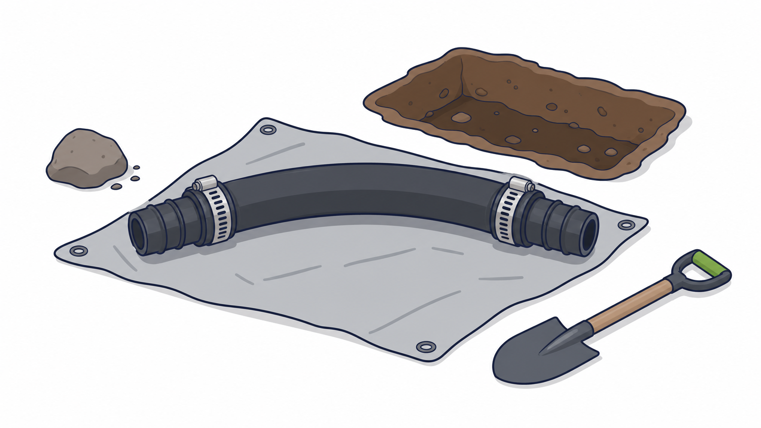 A cut section of flexible pipe with barbed couplings and clamps fitted at each end, resting beside a trench.
