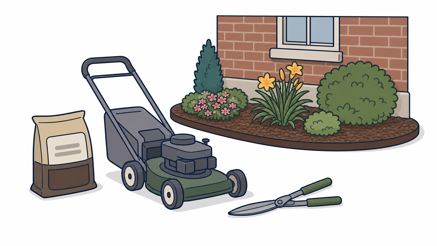 A mower, mulch bag and edging shears sit beside a neatly edged flower bed in front of a brick house.