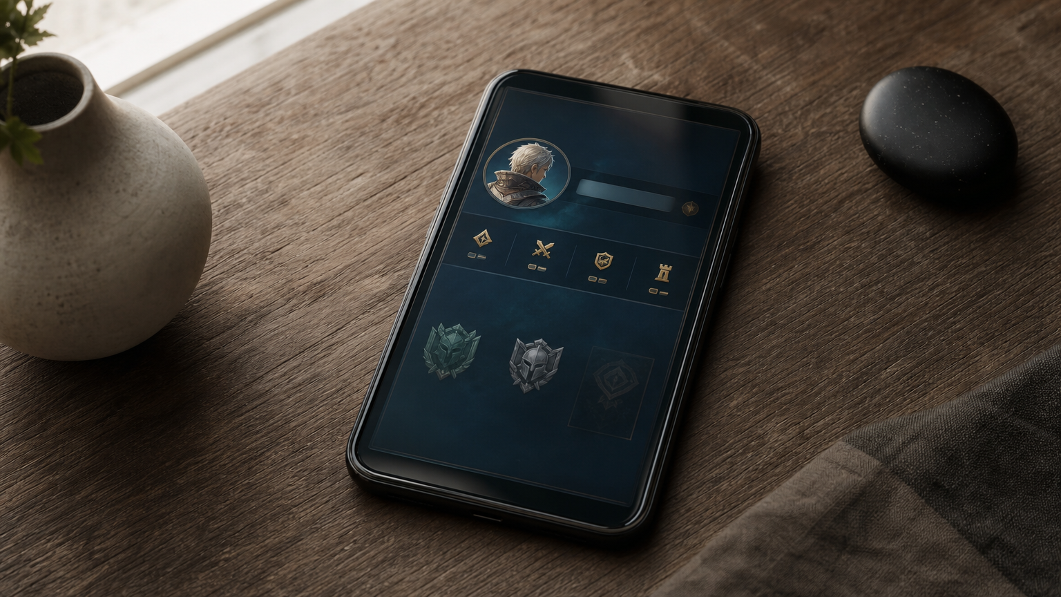 A smartphone on a desk shows a game profile screen with an avatar in the top corner.