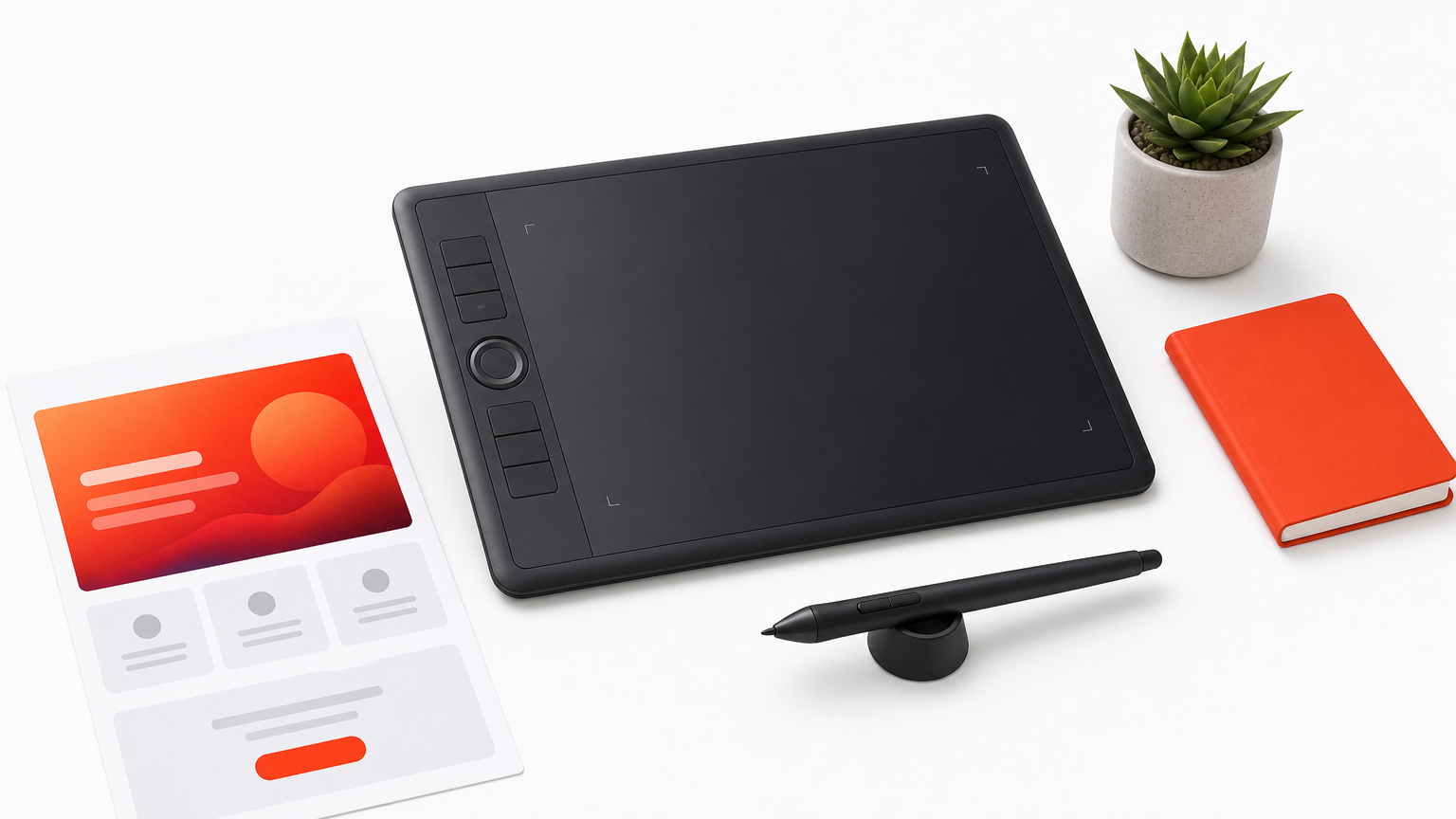 A drawing tablet and stylus beside a printed landing page mockup with a hero area and feature grid.