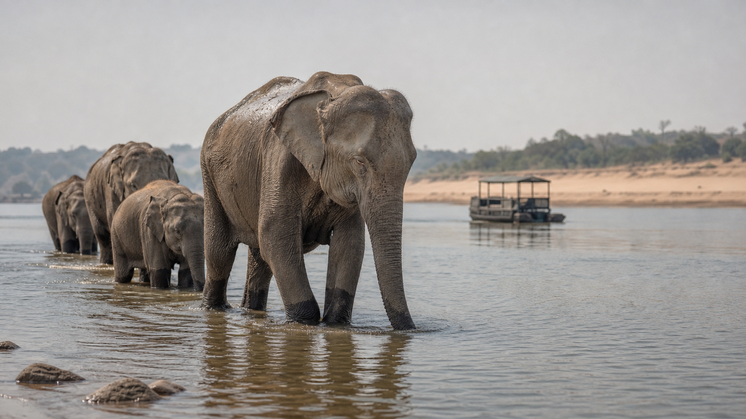 Elephants wade in a line across the Chobe River, with a tour boat on the water behind them.