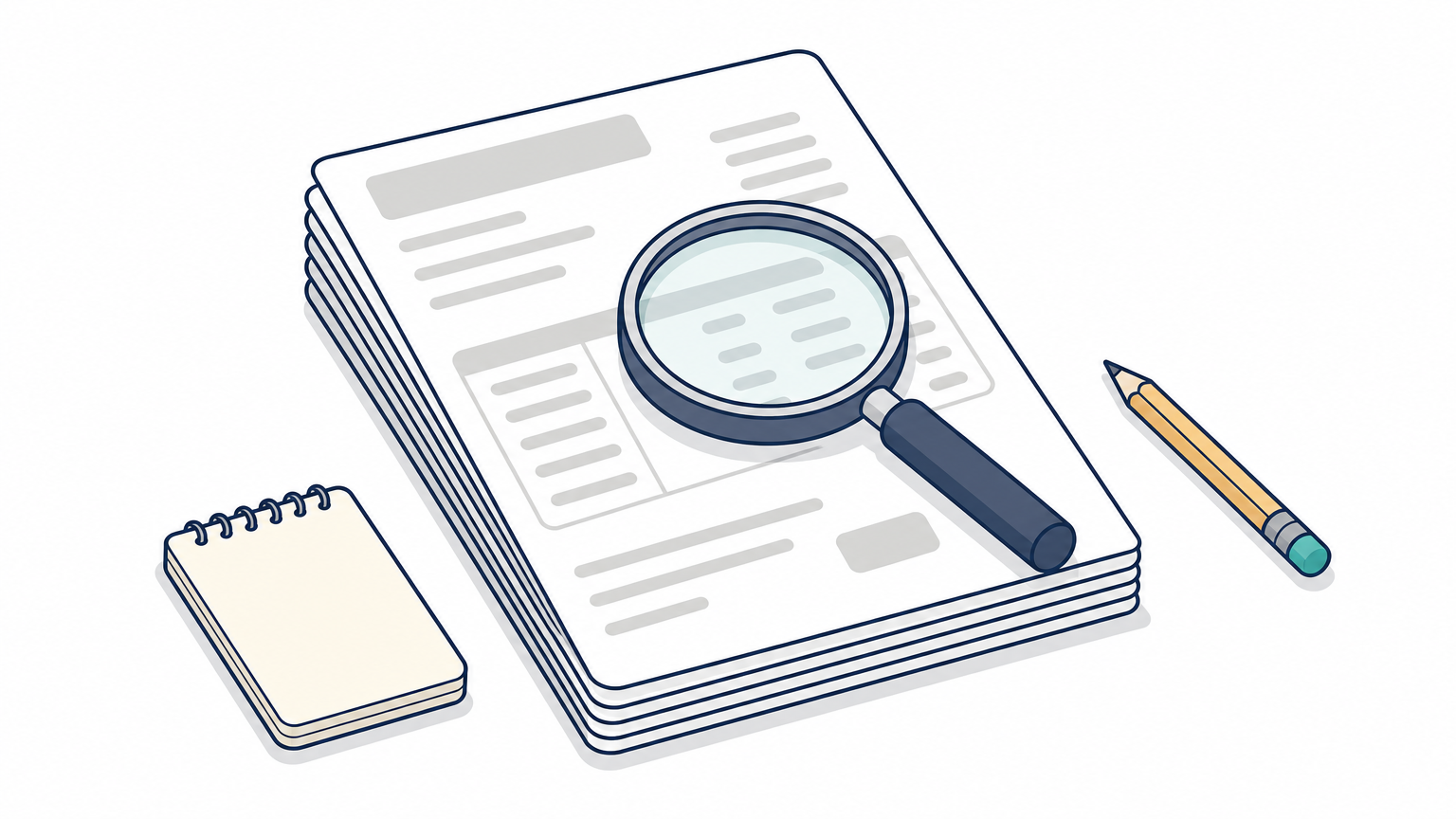 A magnifying glass rests on a stack of invoices beside a pencil and notepad, suggesting a billing audit.