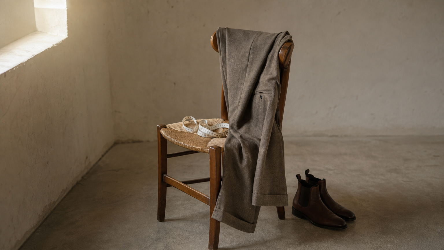 A pair of tailored trousers draped over a chair with a measuring tape and ankle boots nearby.