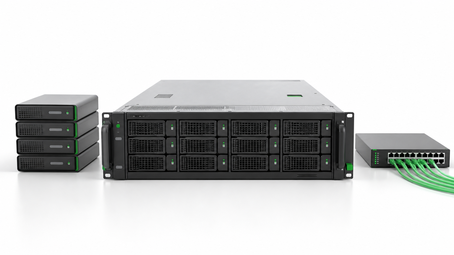 A server, a stack of storage drives, and a network switch sitting side by side on a workbench.