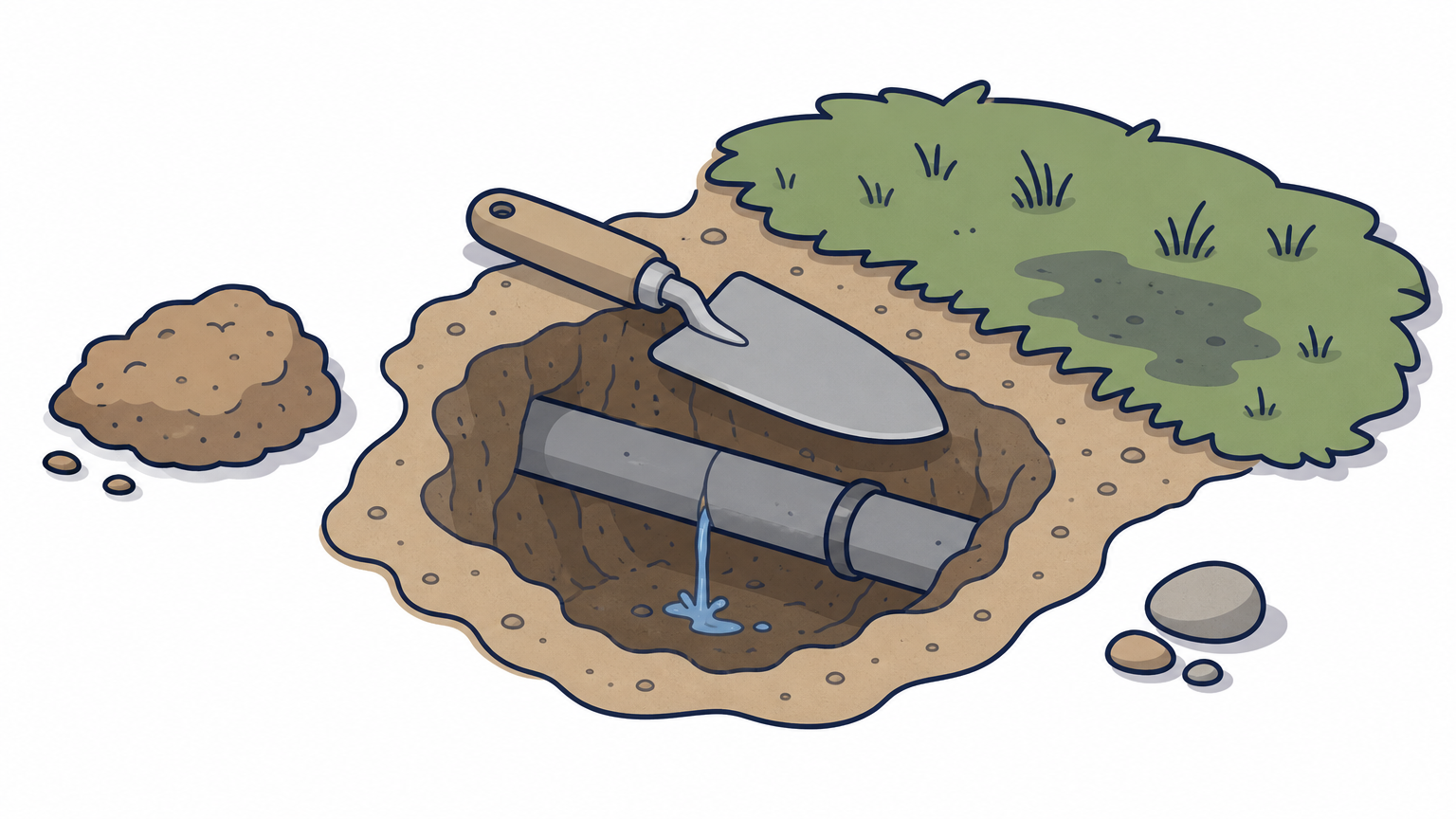 A small test hole dug in sandy soil beside a damp lawn patch, with water running along a buried pipe.