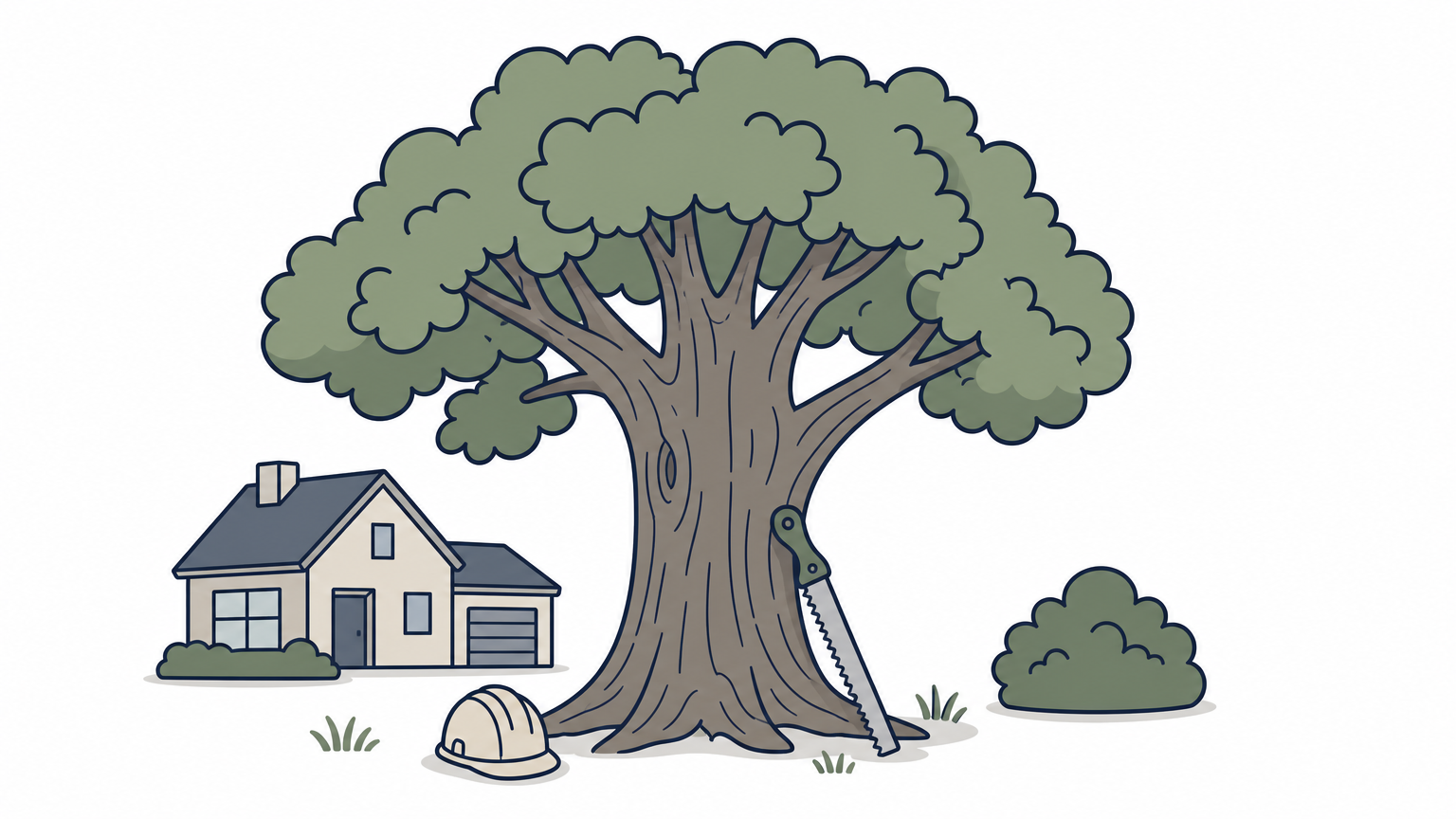 A tall mature oak stands in a yard, with a pruning saw leaning against its trunk and a hard hat on the grass.
