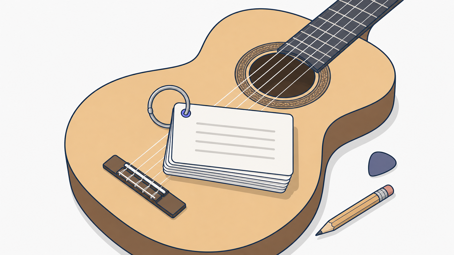 A stack of index cards on a key ring rests on a classical guitar beside a pencil.
