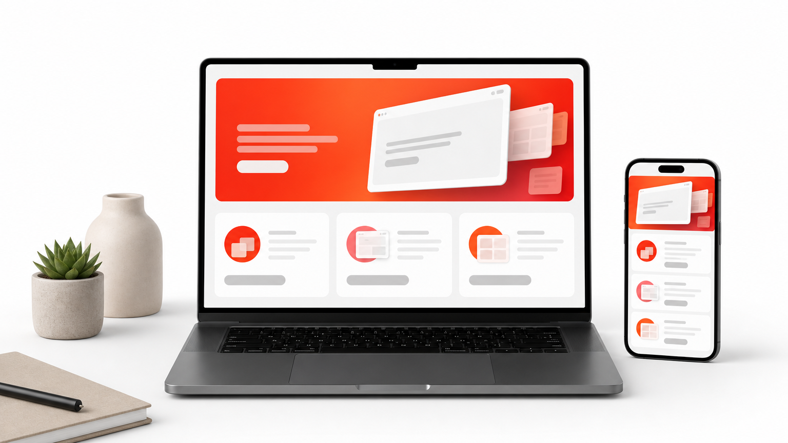 A laptop and phone side by side, each showing the same landing page layout in different arrangements.