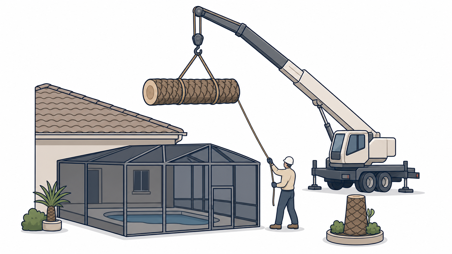 A crane lifts a palm trunk section over a roof beside a screened pool enclosure.