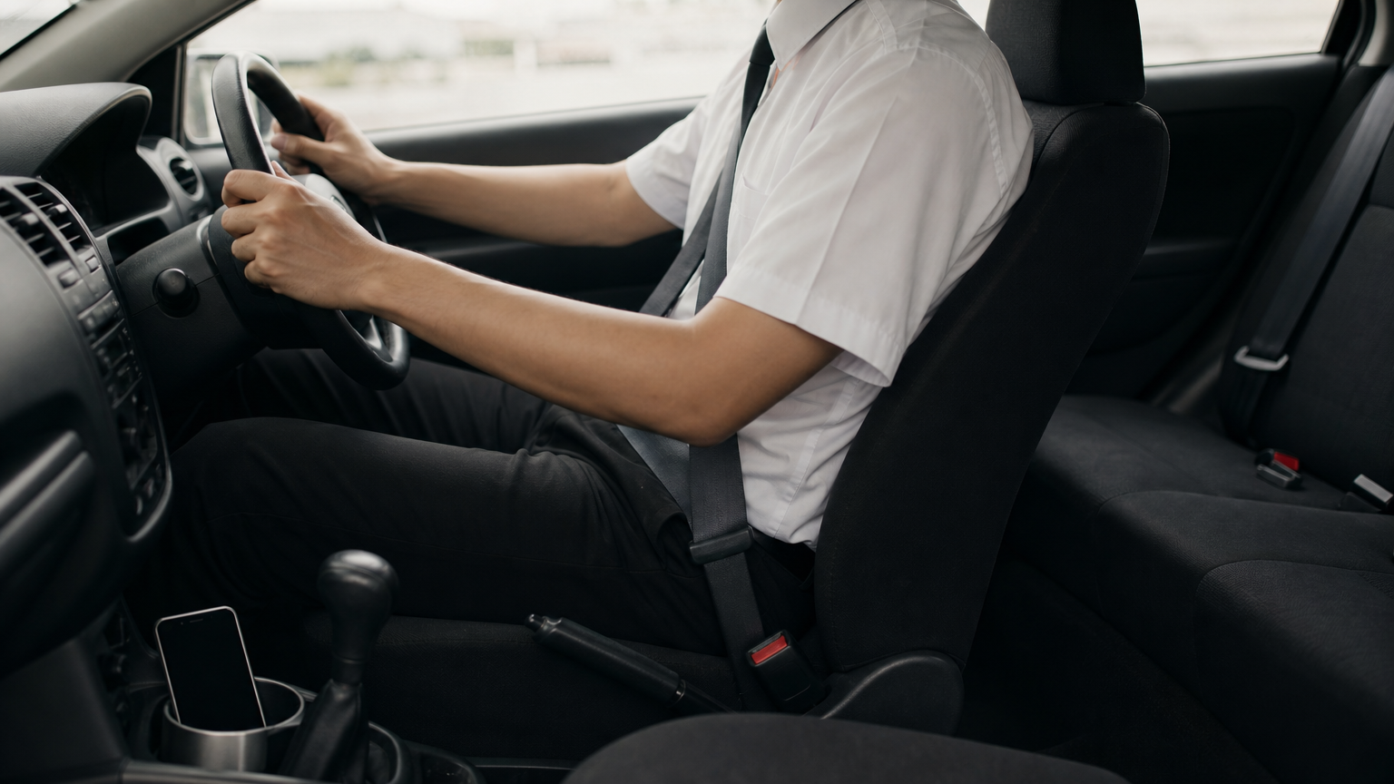 A driver's hands on the steering wheel of a small white hatchback with a phone in the cup holder.