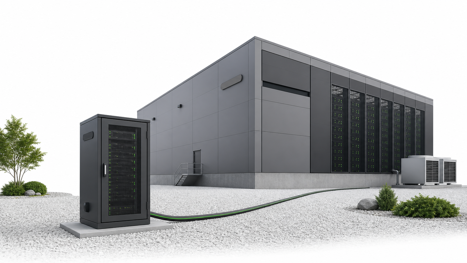 An on-site server cabinet beside a large data center building, connected by a single cable.