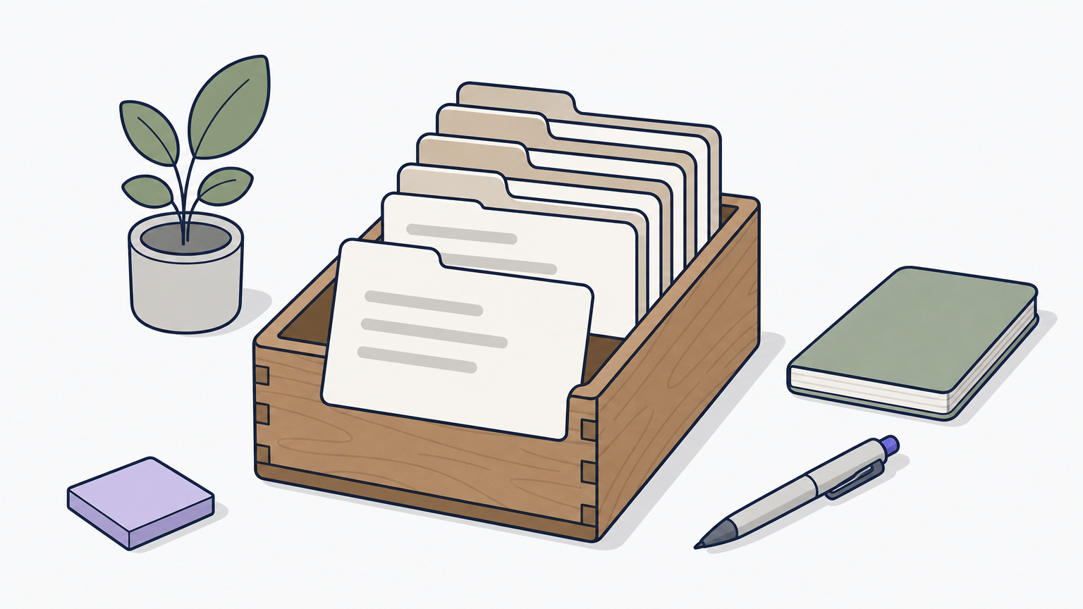 A wooden card box holds index cards separated by divider tabs, with one card pulled slightly forward.