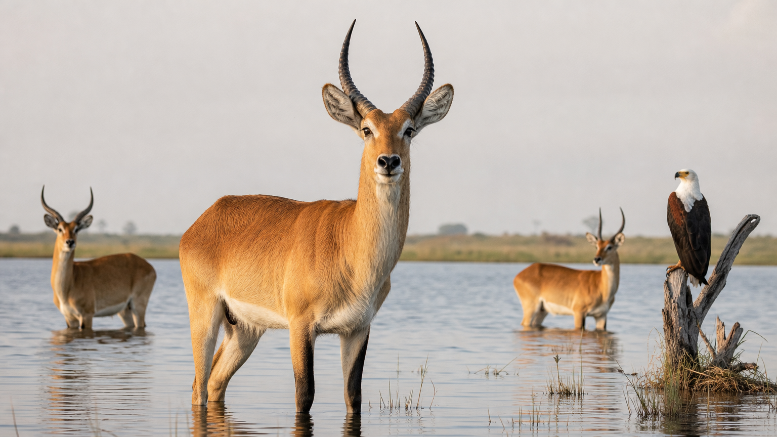 A herd of red lechwe stands in shallow wetland water beside a perched fish eagle.