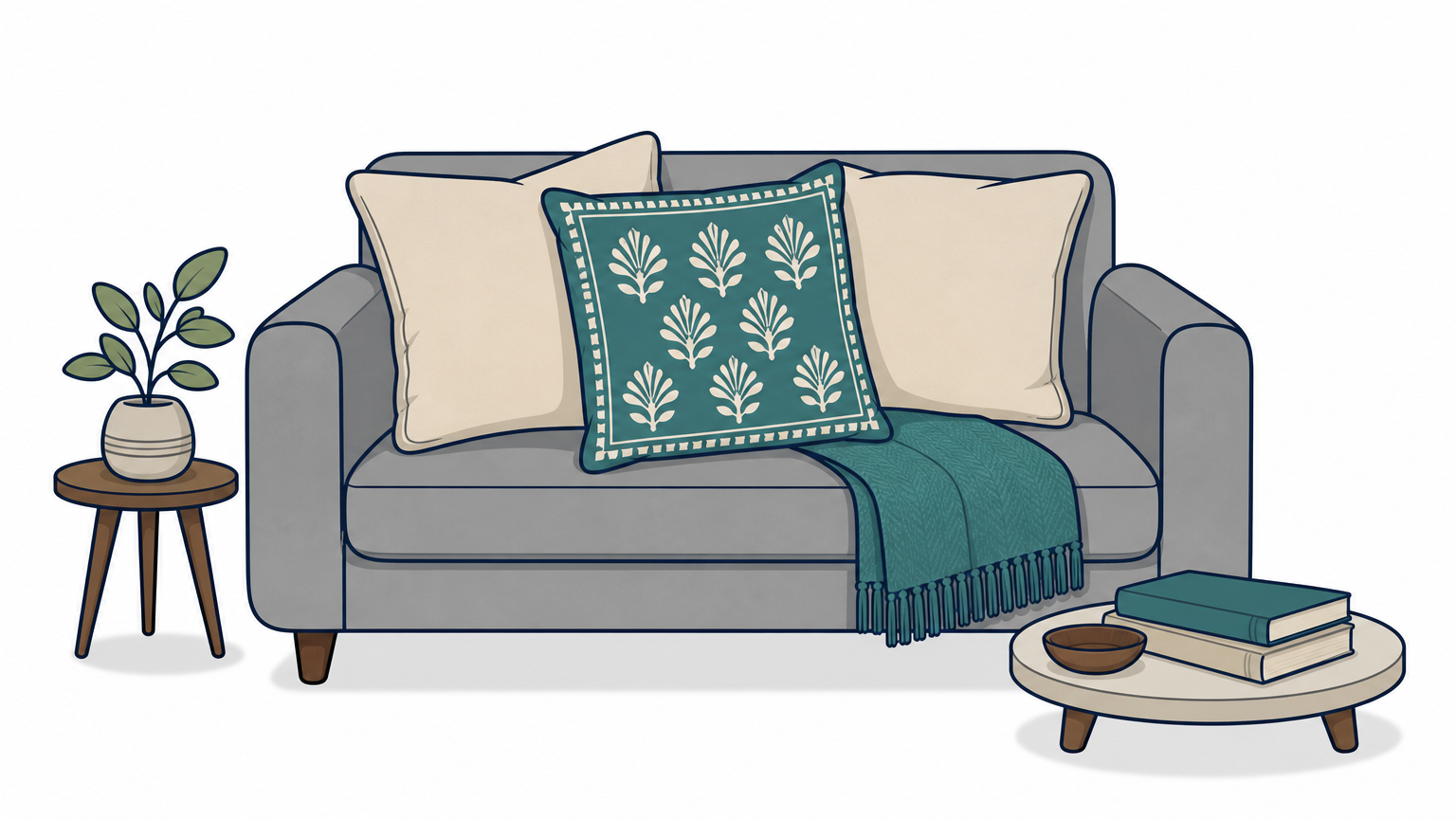 A teal block-printed pillow sits between two cream pillows on a gray sofa with a folded teal throw.