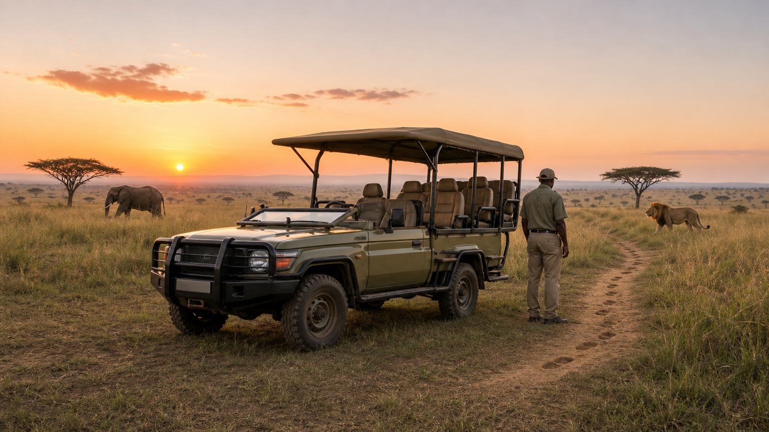 A guide stands beside an open safari vehicle on a grassy clearing at dusk, with footprints leading into the grass.