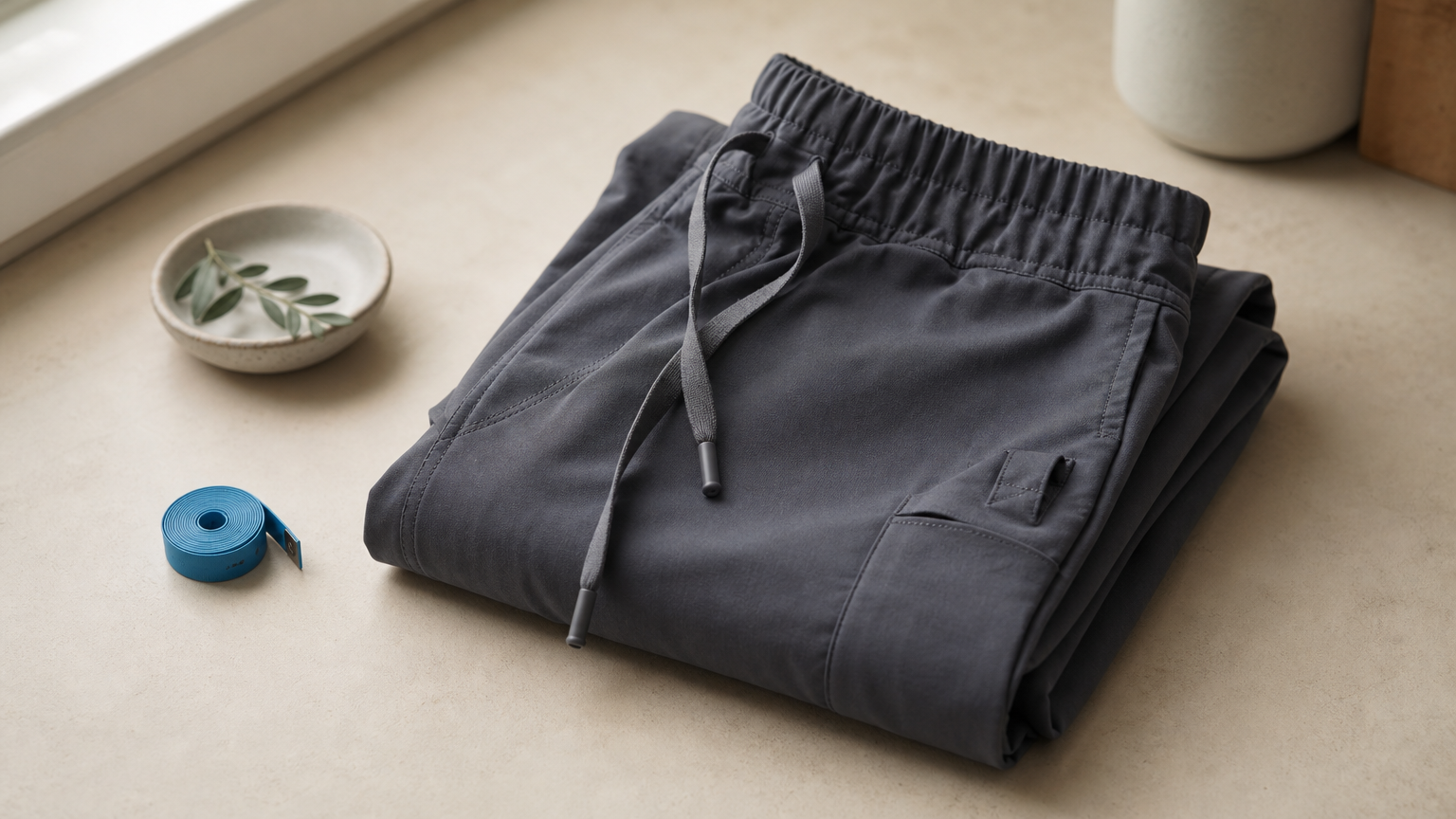 A folded jogger scrub pant with a drawcord hanging out, and a measuring tape resting beside it.