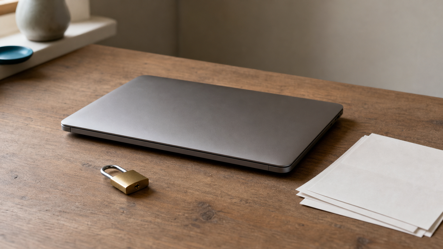 A closed laptop on a desk beside a padlock and a stack of paper invoices.