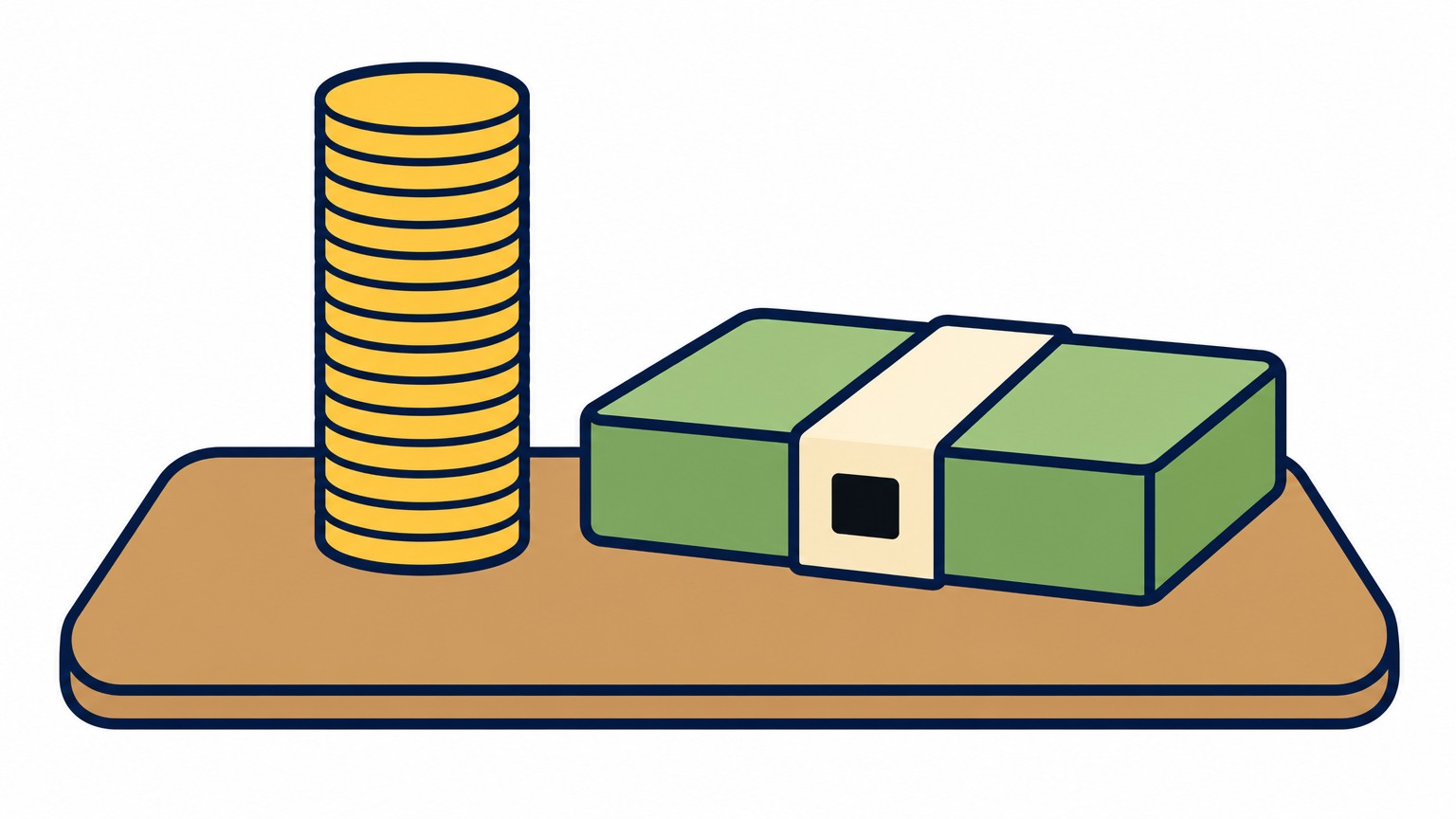 Many small coins sit beside a single thick bundle of banknotes on a counter.