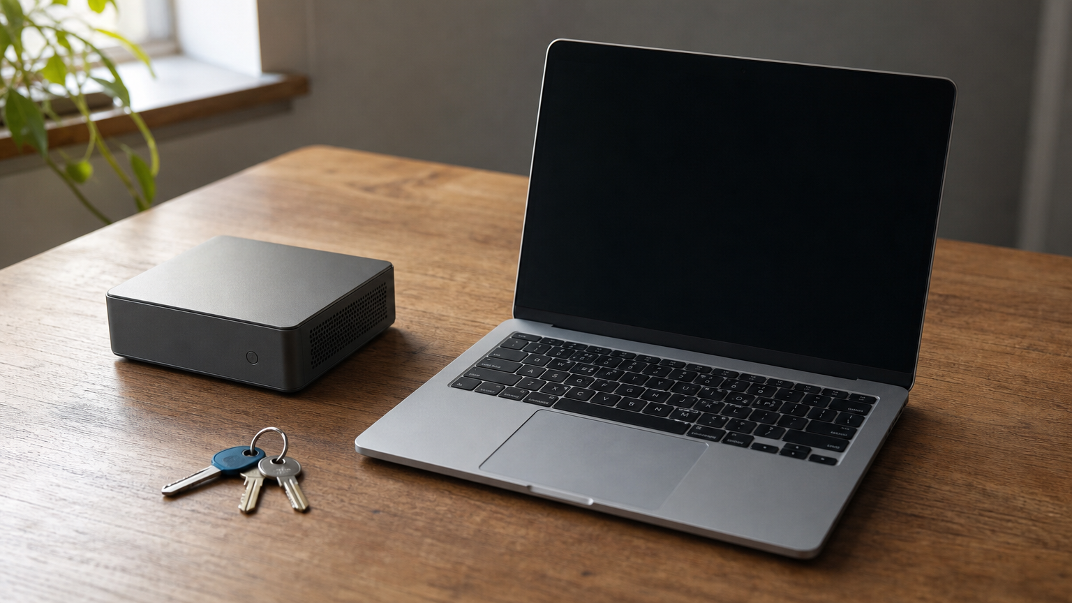 An office desk with a laptop, a closed grey server box, and a key ring.