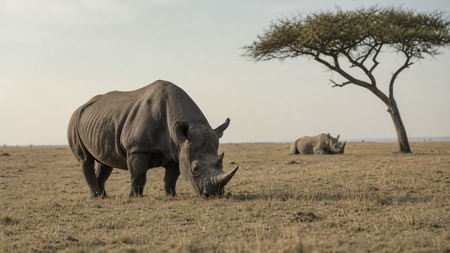 A black rhino grazes on dry grass beside an acacia tree, with a white rhino resting farther off.