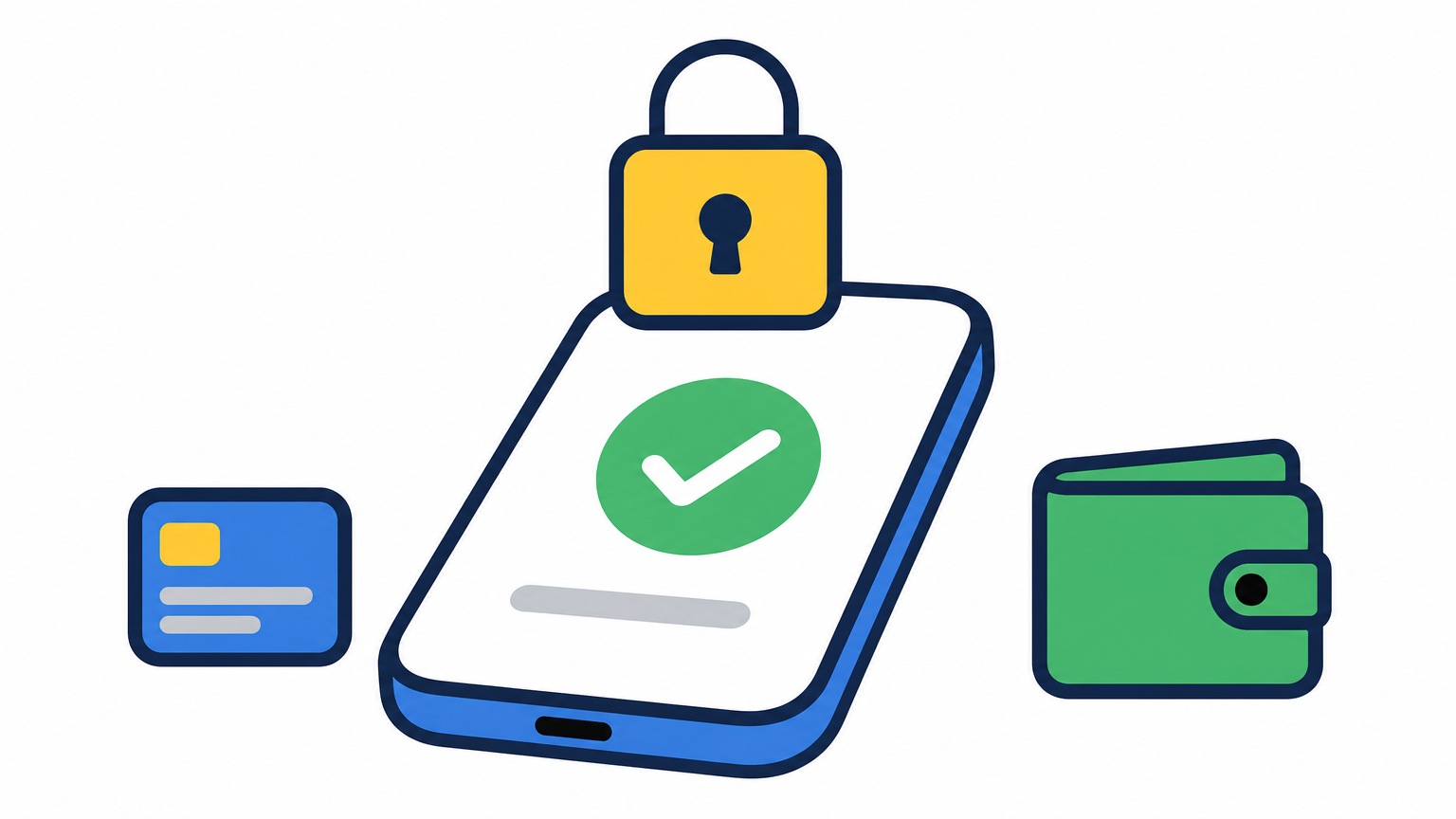 A phone lies on a table with a padlock floating above its screen.