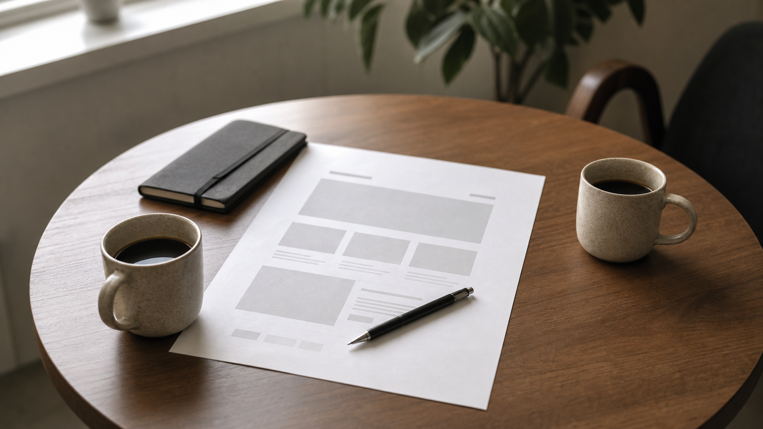 Two coffee cups sit on a table beside a printed website layout and a pen, suggesting an in-person planning meeting.