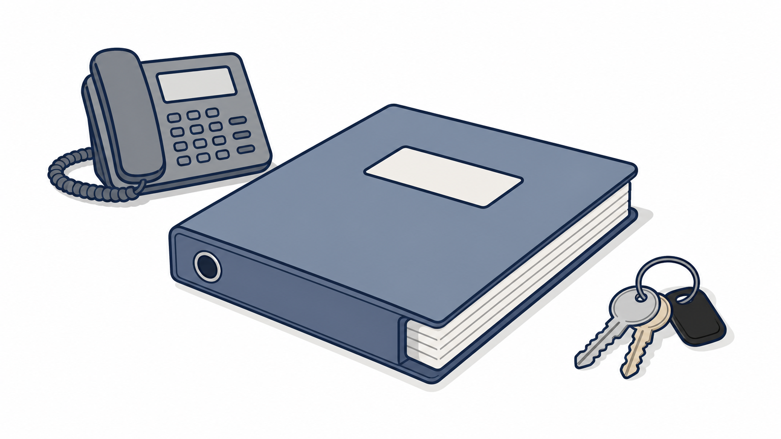 A contract binder, desk phone and key ring sit on a reception desk in an empty office lobby.