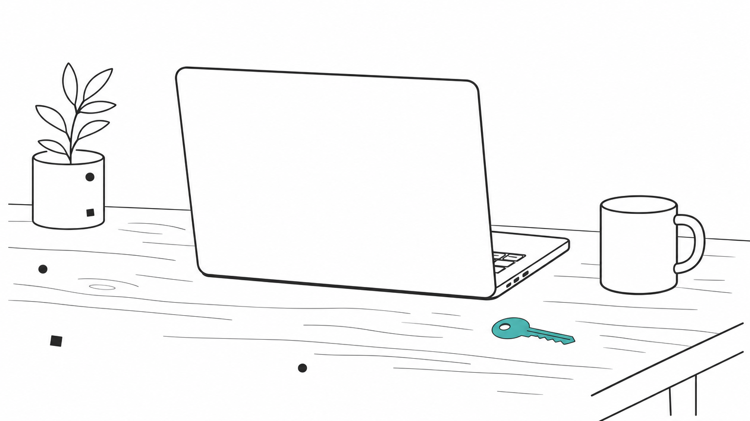 A closed laptop on a wooden desk beside a brass key and a white mug.