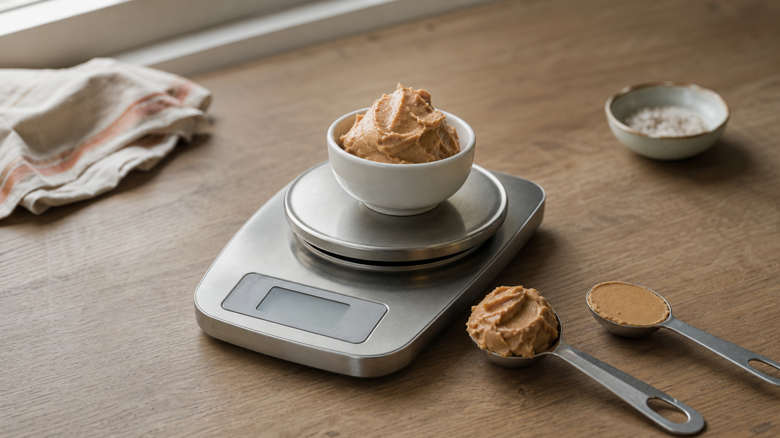 A kitchen scale holds a bowl with peanut butter, next to a heaped spoon that overflows the serving.