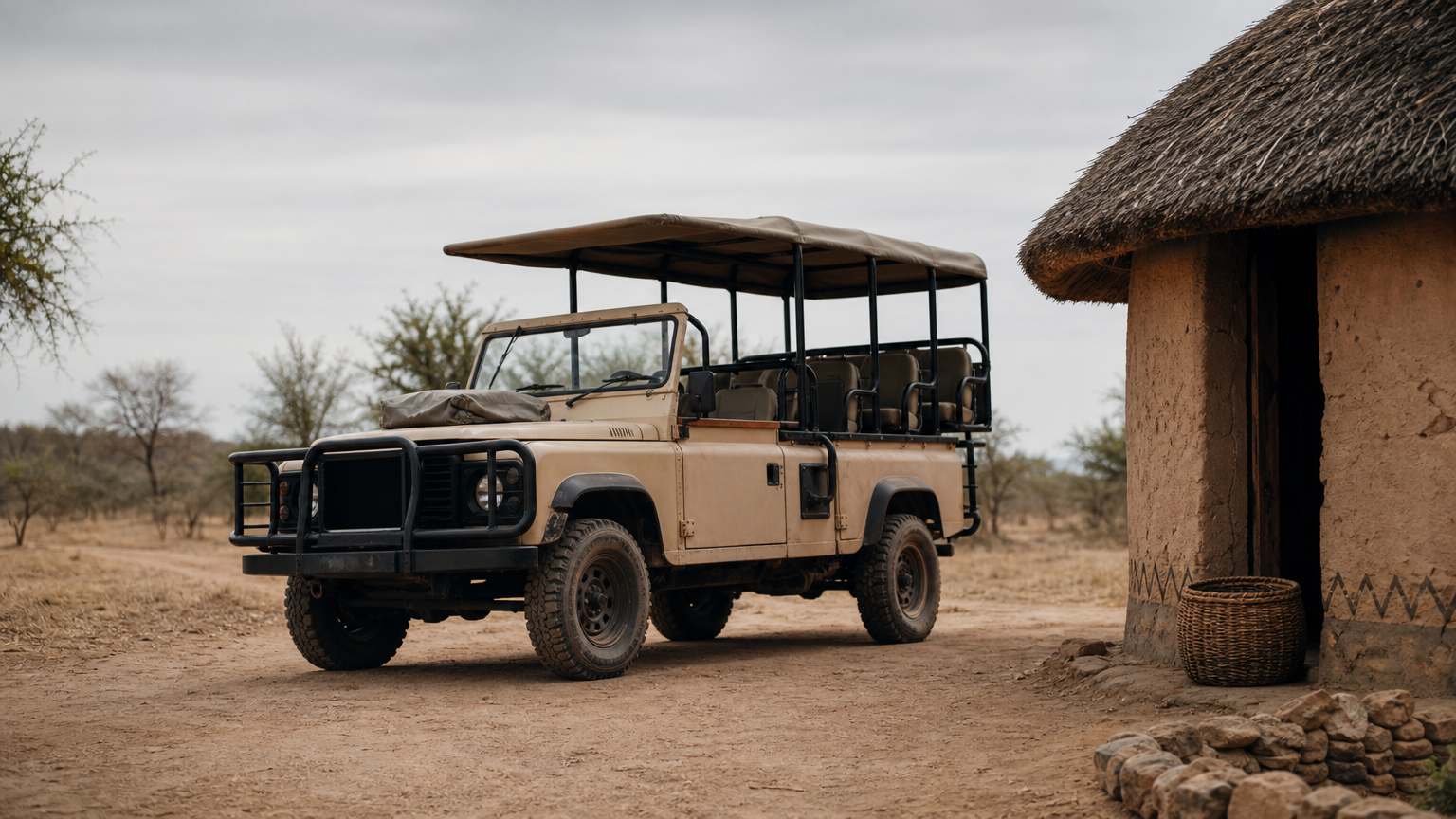 An open-roof safari vehicle sits on a dusty track beside a clay-walled village house with a woven basket at its door.