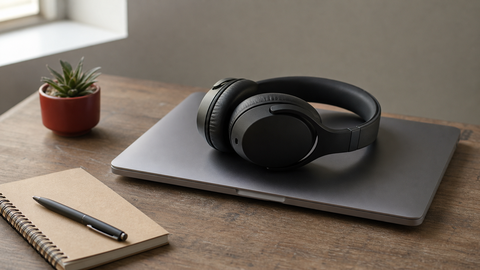 A headset rests on a closed laptop beside a notebook and pen on a desk.