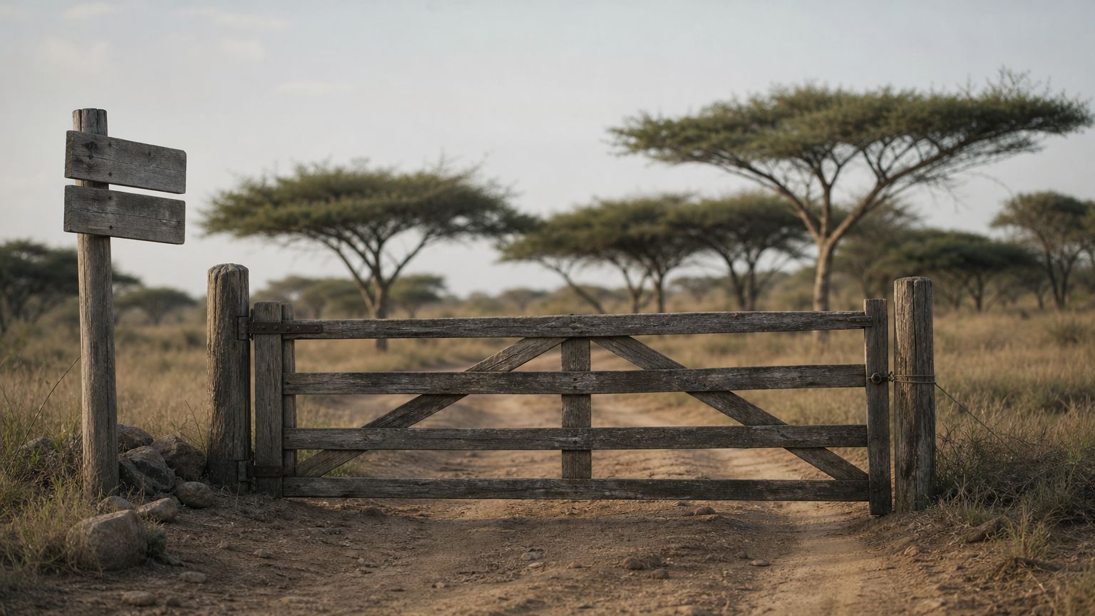 A wooden park gate and signpost stand beside a dirt track lined with acacia trees.