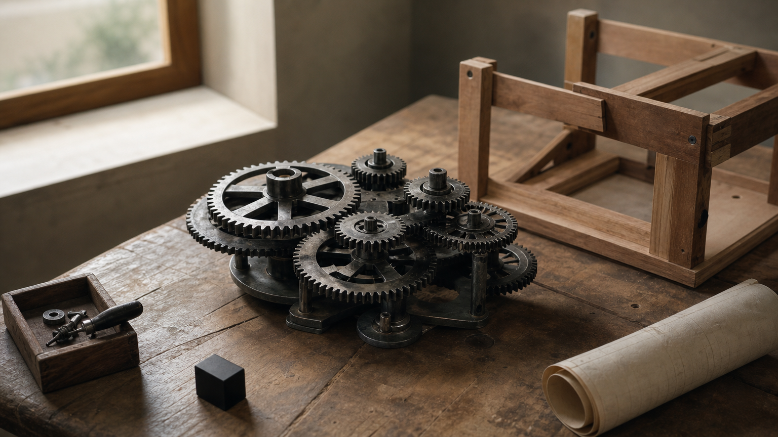 Interlocking gears of different sizes sit on a workbench beside a half-built wooden frame and a rolled blueprint.