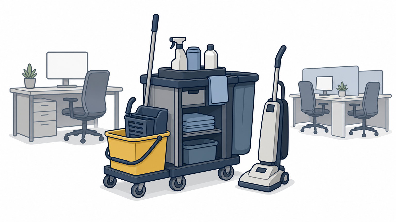 A cleaning cart, mop bucket and vacuum stand among desks on a large office floor after hours.